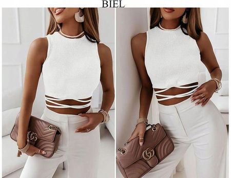 Bokserka bluzka damska dopasowana PRĄŻKOWANA crop TOP wiązanie prążek - zdjęcie 4
