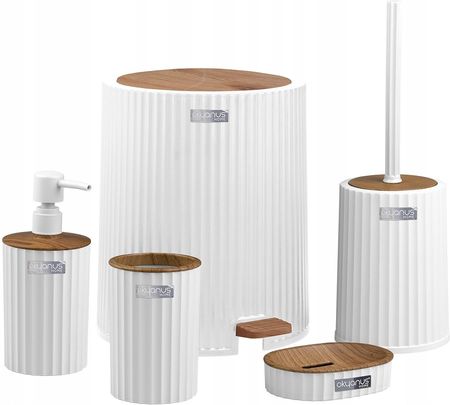 Okyanus Zestaw Łazienkowy 5 Elementów Coliseum Komplet Do Wc Biały Drewno Kosz Glam