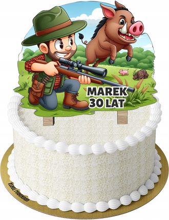 Dwustronny Topper Na Tort Urodzinowy Kolorowy Myśliwy I Dzik Imię+Wiek DWUSTRONNYKOLOROWYMYŚLIWYIDZIKIMIĘ+WIEK