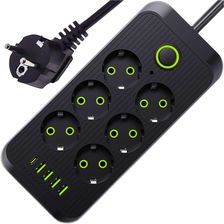 4Kom.Pl Przedłużacz Listwa zasilająca 6 gniazd gniazdka AC EU 4x USB + USB-C typ C gniazda 2500w Czarny