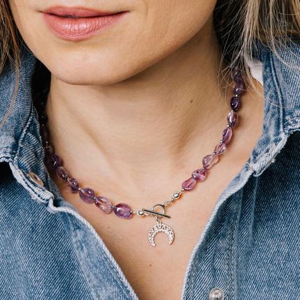 Naszyjnik srebrny z kamieni naturalnych Ametyst księżyc Allure  