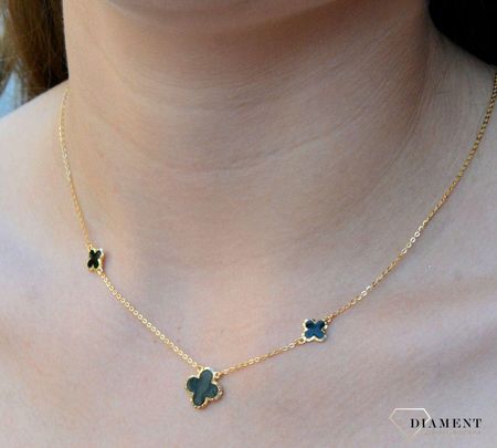 Diament Naszyjnik Srebrny Pokryty Złotem Z Czarnymi Koniczykami  - zdjęcie 3