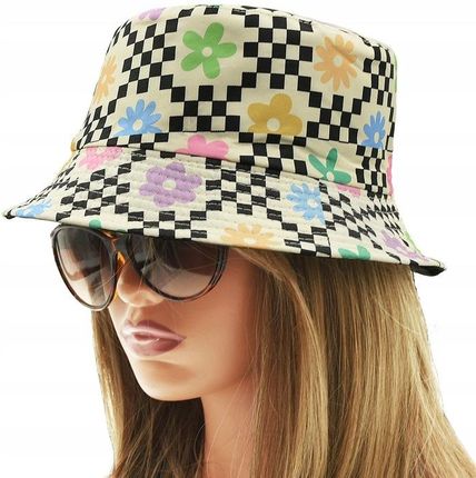 Letni KAPELUSZ wędkarski rybacki bucket hat DWUSTRONNY szachownica kwiatki - zdjęcie 2