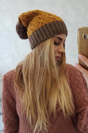 Czapka z polarem Bibiana K264 mocca+musztardowy - zdjęcie 2