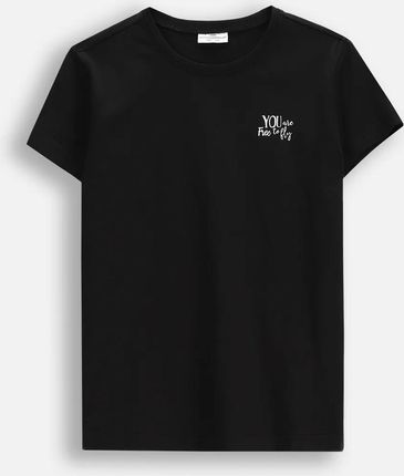 T-shirt z krótkim rękawem czarny z napisem na przodzie i nadrukiem z tyłu