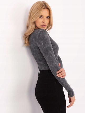 Bluzka longsleeve grafitowa, zdobiony dekolt - zdjęcie 3
