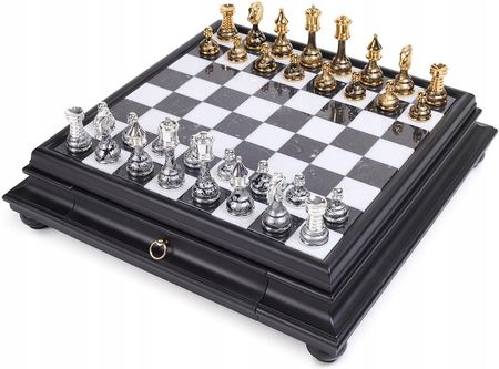 1A Games Italian Chess Brass/Wood Gold/Silver + Chess Board Marble/Wood Black 46Drawer