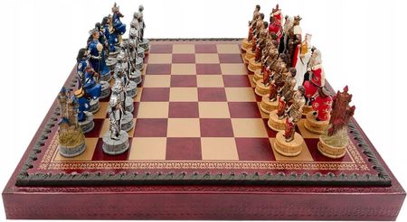 Italian Set Chess King Arthur + Chess Board Leatherette Gold/Burgundy 35