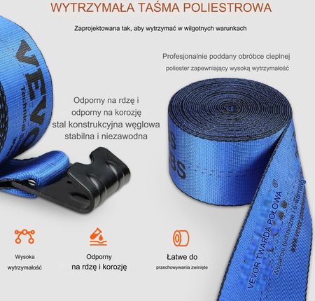 Vevor Pasy Transportowe 10cm X 9 M Płaski Hak Zestaw Szt. Niebieskie - zdjęcie 3
