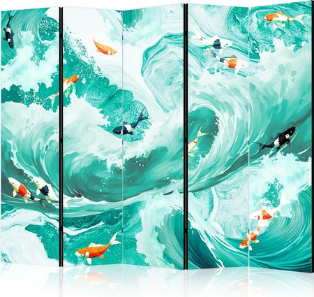 Wall-Dekor 5-Teiliger Vlies Paravent Koi Fish Among Waves Japońska Ryba Wśród Fal W Odcieniach Turkusu I Bieli 225x172cm Tiere (A1GC10142ZB225X172PJ)