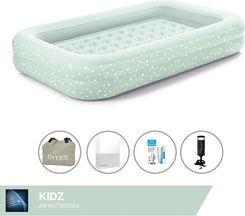 Łóżko powietrzne Intex Kidz - 1-osobowe - 107x168x25 cm (szer. x dł. x wys.) - Miętowa zieleń - Z pompką ręczną + prześcieradło białe + zestaw naprawc