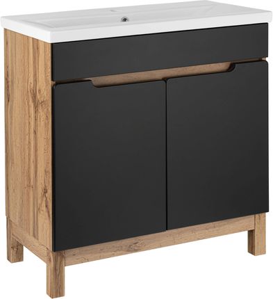 Astor Zestaw Alma 80 cm Szafka z Umywalką 2 Drzwi Czarny Mat Dąb Wotan