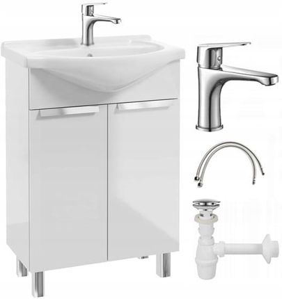 Domodomo Szafka Łazienkowa Z Umywalką Baterią Syfonem Stojąca Biały Połysk 60X85Cm (ZS344377)