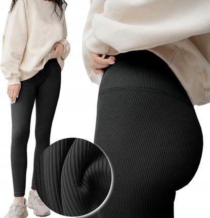 Legginsy Bambusowe Prążkowane Długie Wysoki Stan getry Czarne Kryjące 4/5XL