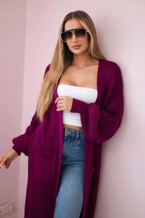 Stylowy Sweter długi kardigan damski ciemny fioletowy