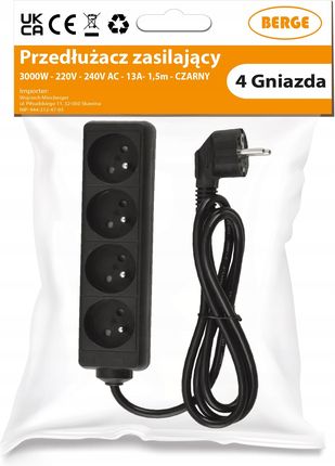 Berge Przedłużacz Listwa Zasilająca 4 Gniazda 1,5m 13A 3000W 3*1,0mm2 Bezpieczny 1753604341 - zdjęcie 4