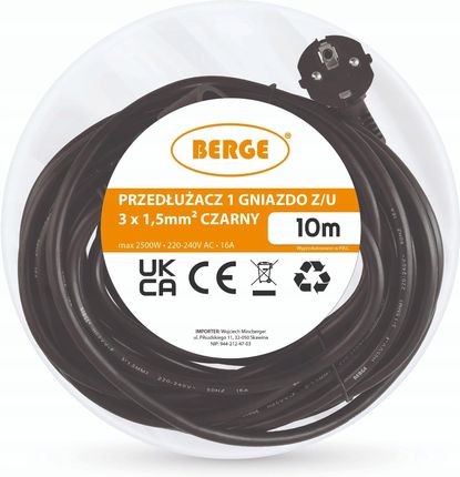 Berge Przedłużacz Sieciowy Z Uziemieniem 1 Gniazdo 10M Czarny Budowlany 2500W 1776980133 - zdjęcie 3