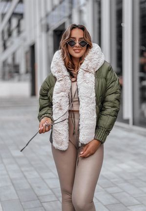 Pikowana puchowa kurtka z futerkiem Dani khaki : Rozmiar - S/M - zdjęcie 2