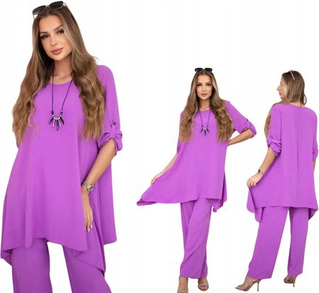 Fioletowy komplet damski z naszyjnikiem: Tunika i luźne spodnie