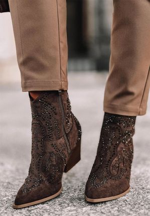 Kowbojki na obcasie z dżetami Rhinestones brązowe : Rozmiar - 41