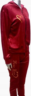 KOMPLET DRESY WELUROWE Z PRINTEM BORDO S/M MODNE BLUZA I SPODNIE