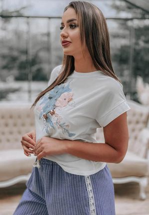 T-shirt damski z krótkim rękawem i kwiatową aplikacją 3d Alma biały : Rozmiar - Jeden rozmiar - zdjęcie 2