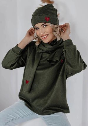 Komplet 3w1 bluzka, szal, czapka z serduszkami Lovato khaki : Rozmiar - Jeden rozmiar