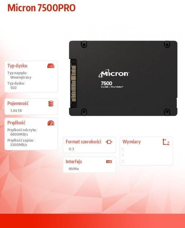 Dysk SSD Micron Technology Micron SSD 7500 PRO NVMe U.3 3,84TB