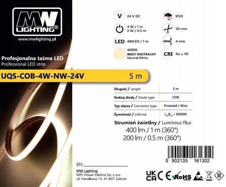 Mw Lighting Uqs-Cob-4W-Nw-24V-5M, Taśma Led I Akcesoria, Lighting/Taśmy Led/Cob, ... Uqscob4Wnw24V5M