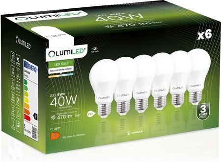 Lumiled Zestaw 6X Żarówka Led E27 A60 5W = 40W 470Lm 4000K Neutralna 260°