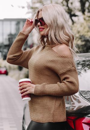 Sweter golf z odkrytym ramieniem Kelly camelowy : Rozmiar - Jeden rozmiar