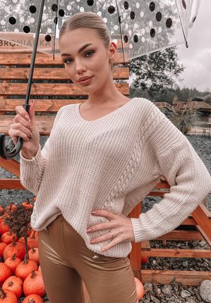 Sweter oversize Leah beżowy : Rozmiar - Jeden rozmiar - zdjęcie 3