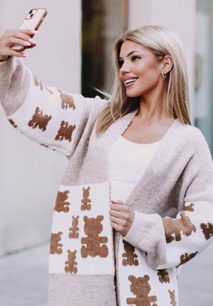 Długi sweter damski, kardigan Daisy, oversize, jasny beż : Rozmiar - Jeden rozmiar - zdjęcie 3
