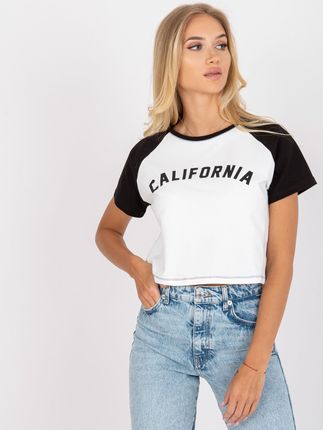 Biało-czarny t-shirt z nadrukiem i okrągłym dekoltem - zdjęcie 2