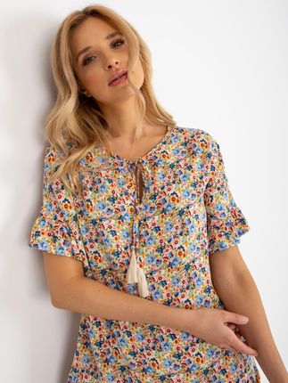 Żółta luźna sukienka mini w kwiaty z krótkim rękawem SUBLEVEL - zdjęcie 2