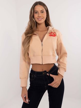 Camelowa krótka bluza rozpinana z napisami - zdjęcie 2