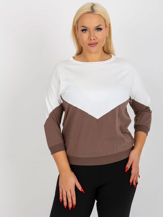 Ecru-brązowa bluzka plus size basic z okrągłym dekoltem