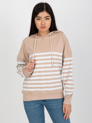 Beżowo-biała bluza basic w paski z kapturem RUE PARIS - zdjęcie 2