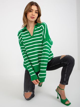 Zielono-biały sweter oversize w paski z kołnierzykiem