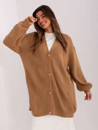 Camelowy luźny sweter rozpinany z dekoltem V