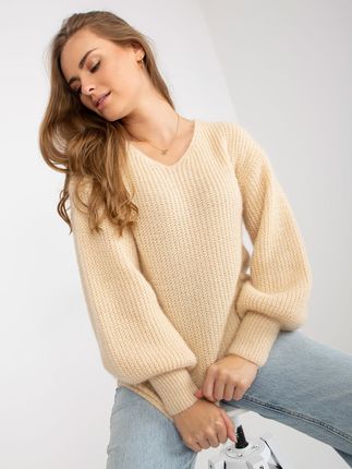 Beżowy fluffy sweter klasyczny z dekoltem V OCH BELLA