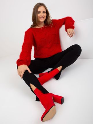 Ciemnoczerwony fluffy sweter klasyczny z dekoltem w łódkę OCH BELLA