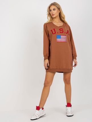 Jasnobrązowa oversize bluza z nadrukiem i aplikacją - zdjęcie 2