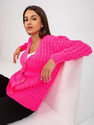 Fluo różowy ażurowy sweter rozpinany w warkocze RUE PARIS