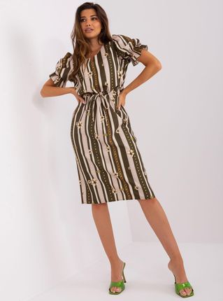 Khaki midi sukienka z printem i ściągaczem