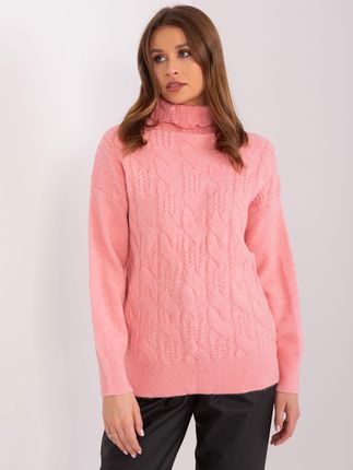 Łososiowy dzianinowy sweter damski z golfem
