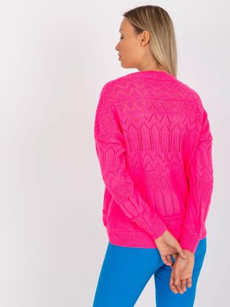 Fluo różowy ażurowy sweter letni z guzikami RUE PARIS - zdjęcie 2