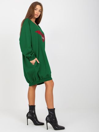 Ciemnozielona długa bluza oversize z błyszczącą aplikacją - zdjęcie 2