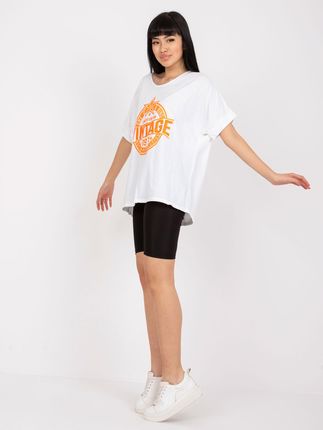 Biało-pomarańczowy bawełniany t-shirt z aplikacją - zdjęcie 2