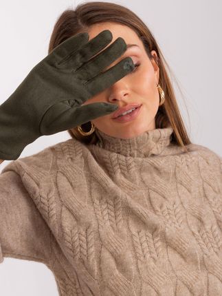 Khaki rękawiczki damskie ze wstawkami z eko skóry - zdjęcie 2